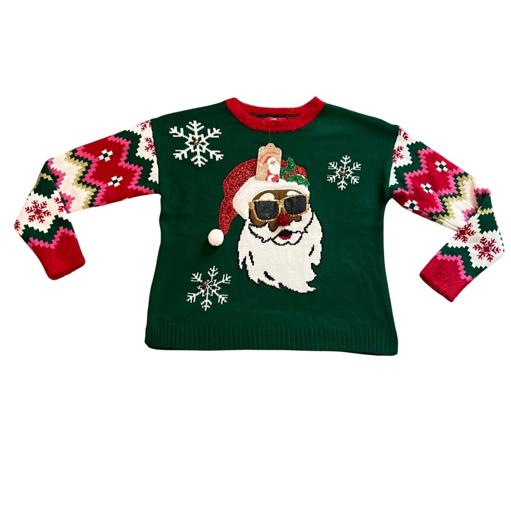 Blizzard Bay Womens Green Cool Santa Ugly Christmas Sweater Sunglasses  M